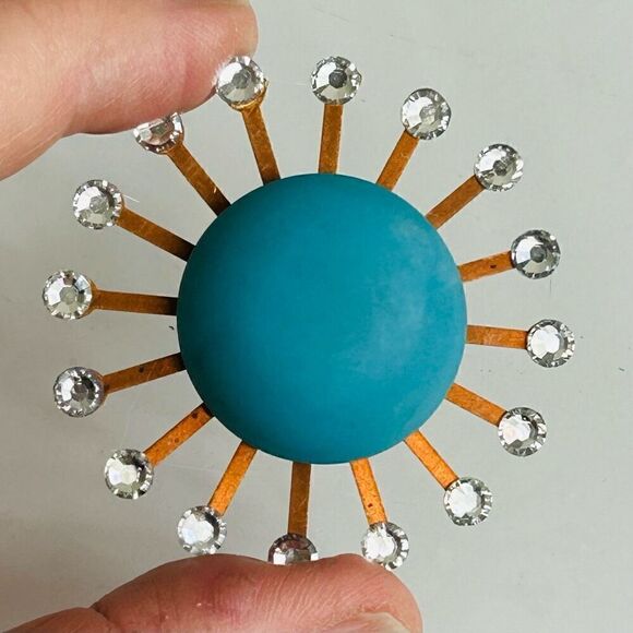 Upcycled Atomic Starburst Refrigerator Magnet Buttons Rhinestones Turquoise Blue - Picture 3 of 4